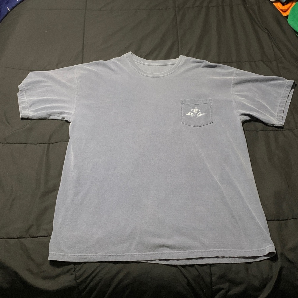 LILY GRACE- Blueish Gray Short Sleeve T-Shirt with Lantern Design on Back. ( XL